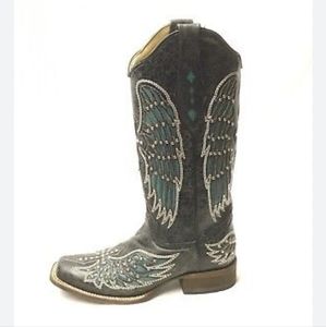 Corral Vintage square toe wing with cross turquoise blinged boots women's size 9